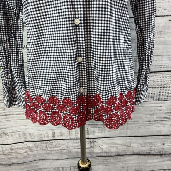 Tommy Hilfiger Blouse size Extra Small Navy Blue White Gingham Red Eyelet Casual - Picture 6 of 13